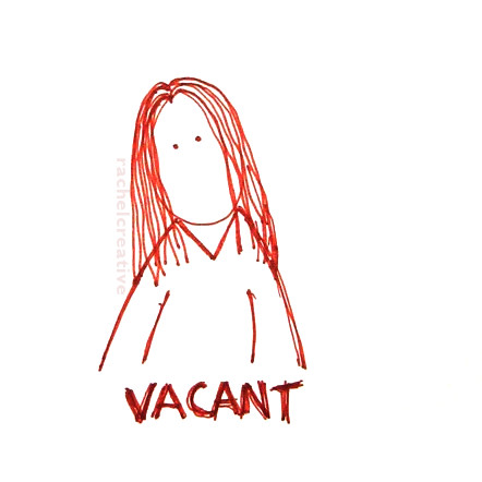 Art. Portrait of person with long hair and eyes but no other features. Underneath it says VACANT.