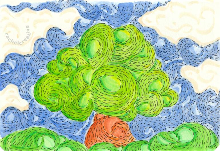Art. Landscape made from groups of curling dashed lines and colour. A large tree with wide trunk sits atop hilly land. Behind it a blue sky of smaller wave like swirls with creamy clouds in relief.