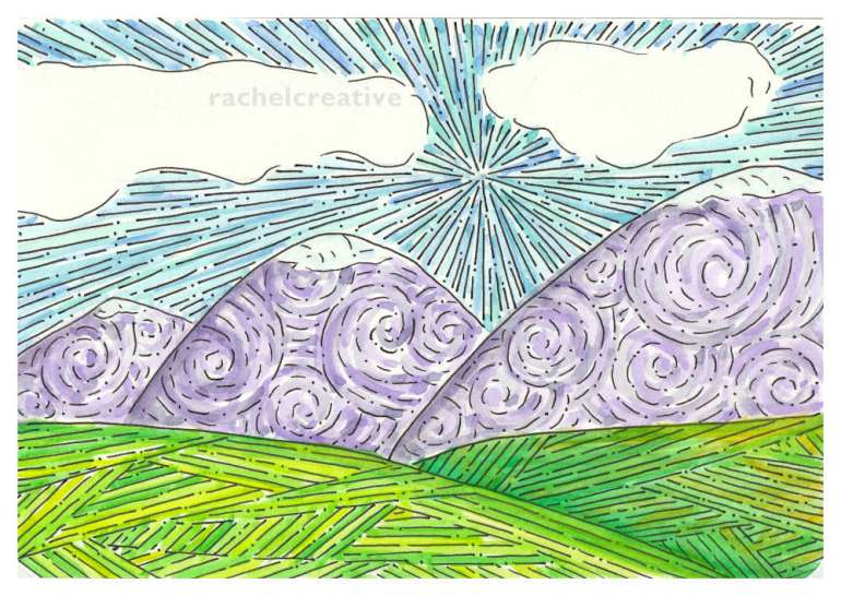Art. Three mountains textured with spiral swirls have tiny snow capped tops. In the foreground is grass hills with lined sections of texture. Behind the mountains sky of blue lines from a central point with plump white clouds.