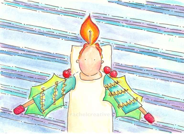 Art. Person as a candle. Wax candle for their body with a flame from the top of their head and flaming hair. Their arms are wrapped in tinsel with big holly leaves and there's red berries on their shoulders. Their arms are matchsticks.