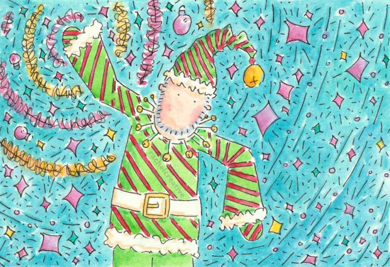 Art. A bearded man in a striped elf outfit including mittens and hat with a big bell on. He waves his arms as all around him spin tinsel, baubles and stars.