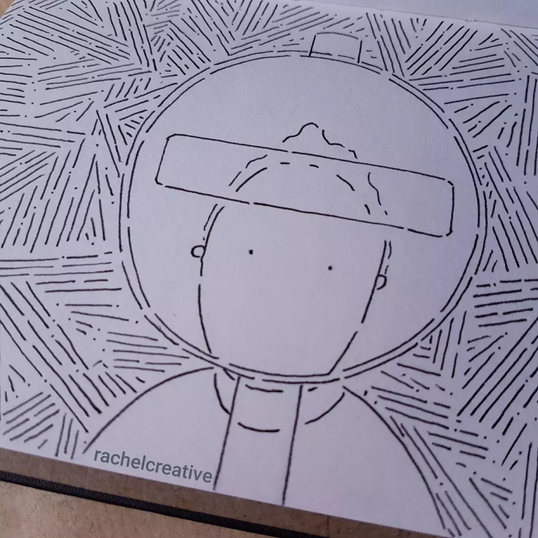 Ink on paper. Outline of a person as a No Entry road sign. Their head is integrated to the sign, their body to the pole. Behind them are arrows made from lines of dots and dashes