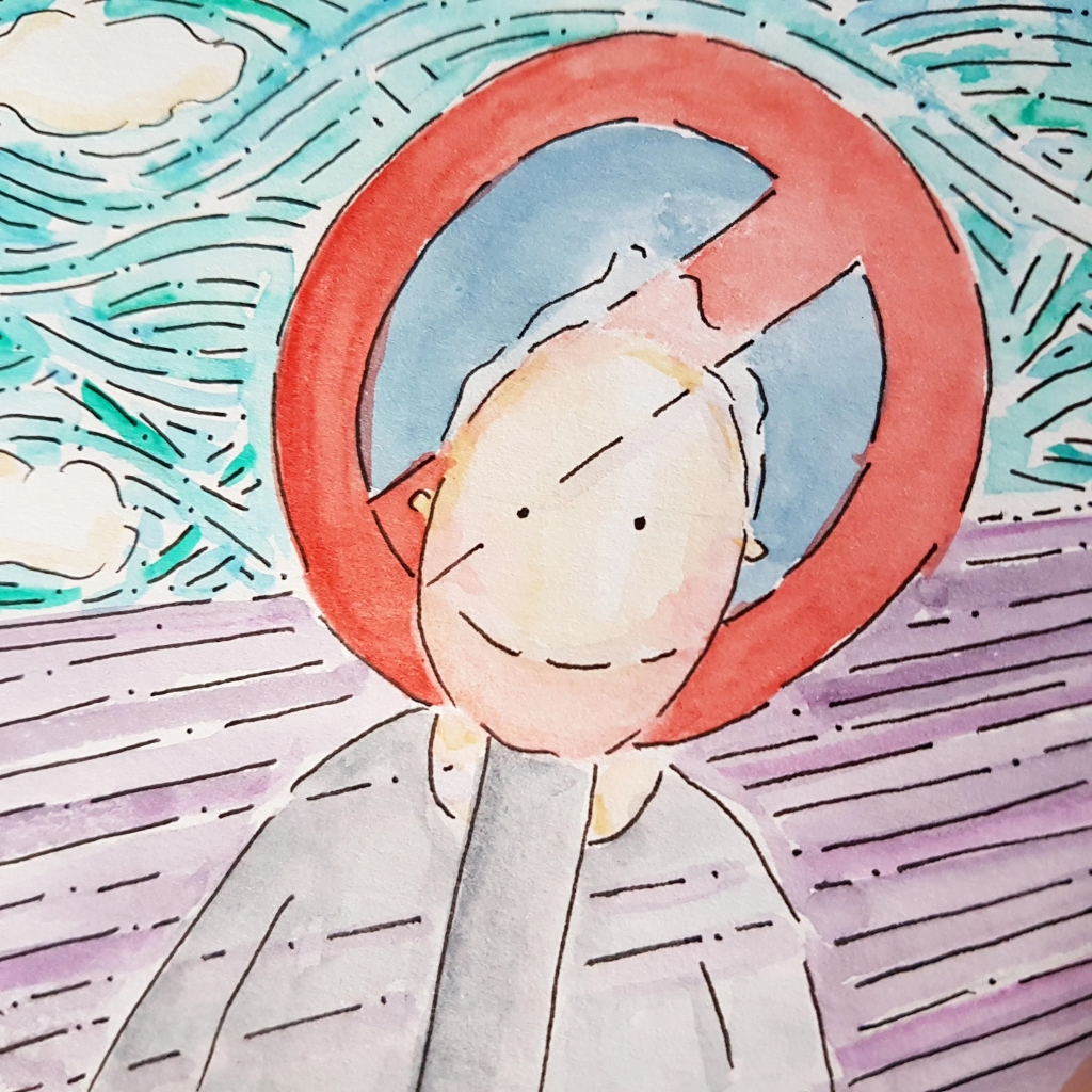 Art. Person with a roadsign integrated to their head and body. The sign is a red circle with a diagonal line and blue background.