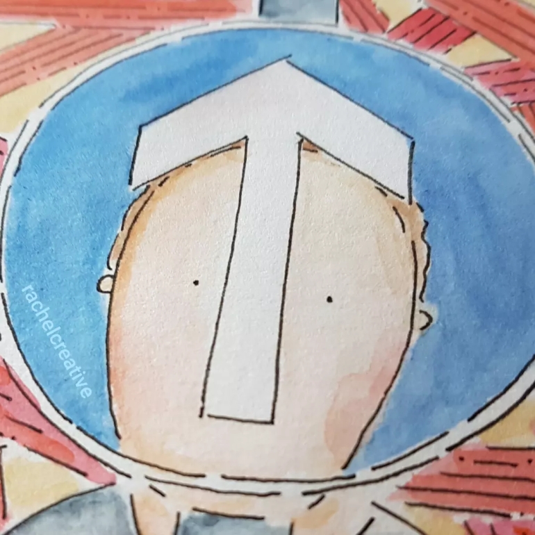 Art. Person as a One Way sign. Their head is integrated to the round blue sign with a white cross pointing up in the middle of their face. Their body is integrated to the pole. Behind them red crossed lines.