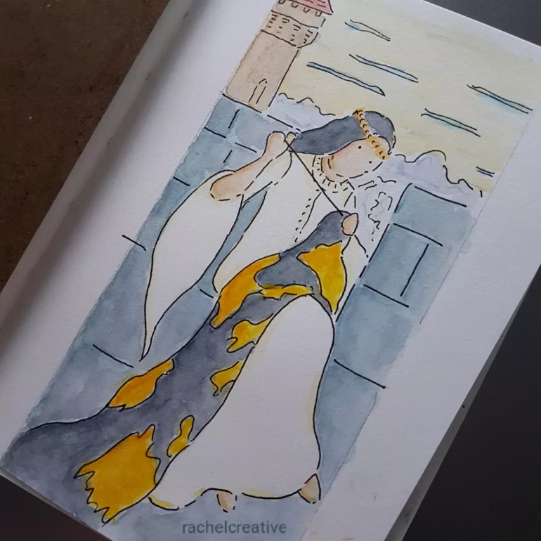 Art. In ink and watercolour with a simplified style. Lady sitting on a castle wall stitching large textile draped over her knee. Her left hand grips the fabric, which she's looking at, while her right hand pulls the thread up by her head. Her hair is dark and long with a golden headband. Behind her a castle tower and distant horizon.