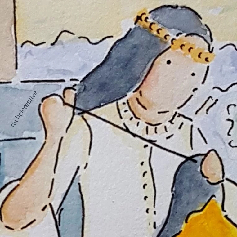 Art. In ink and watercolour with a simplified style. Lady stitching large textile. Her left hand grips the fabric, which she's looking at, while her right hand pulls the thread up by her head. Her hair is dark and long with a golden headband.