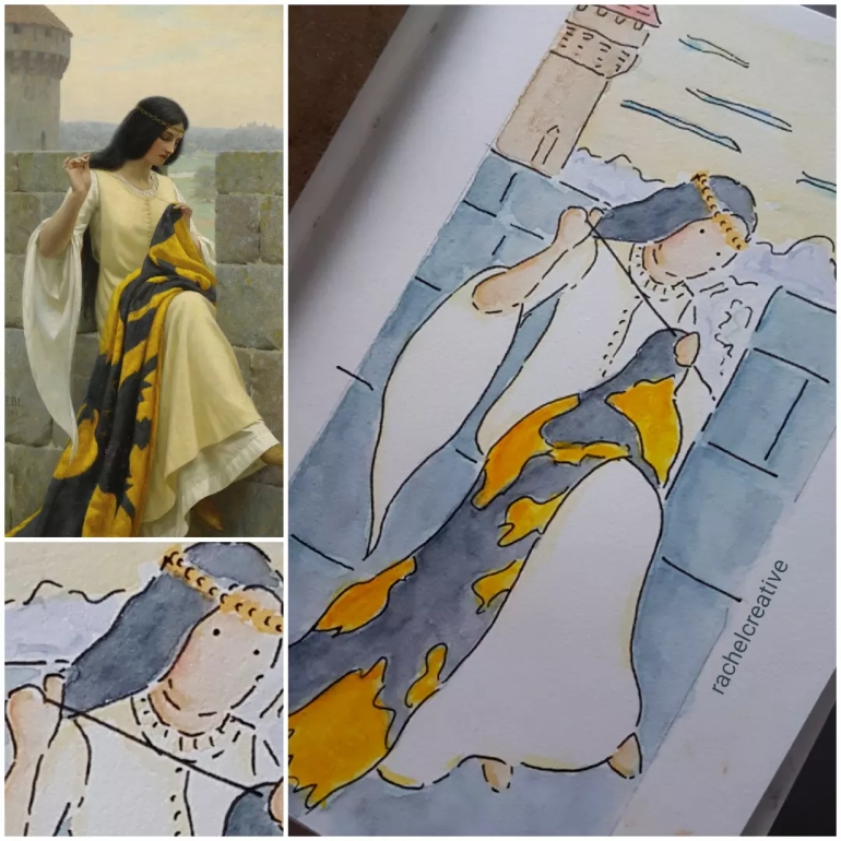 Art. Three images. An oil painting with fine detail and beautiful lighting. A simplified version in ink and watercolour plus a close up of her head and shoulders. Lady sitting on a castle wall stitching large textile draped over her knee. Her left hand grips the fabric, which she's looking at, while her right hand pulls the thread up by her head. Her hair is dark and long with a golden headband. Behind her a castle tower and distant horizon.