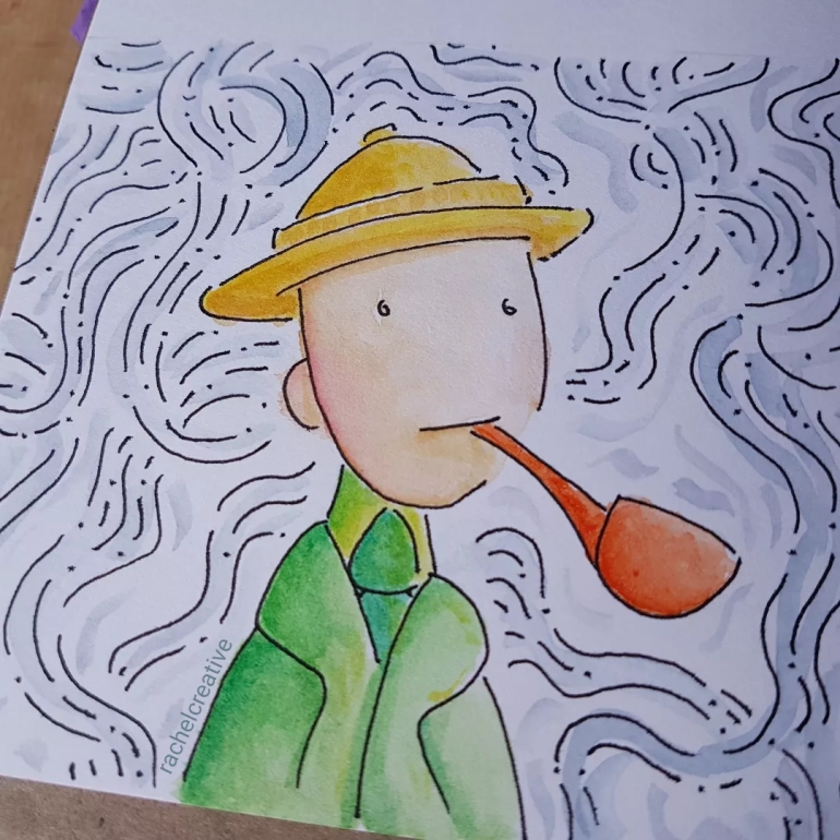 Art. Head and shoulders of person wearing a safari helmet, smoking a large pipe with smart woollen safari suit. Their shoulders and body are very slim. Around them are whisps of smoke.