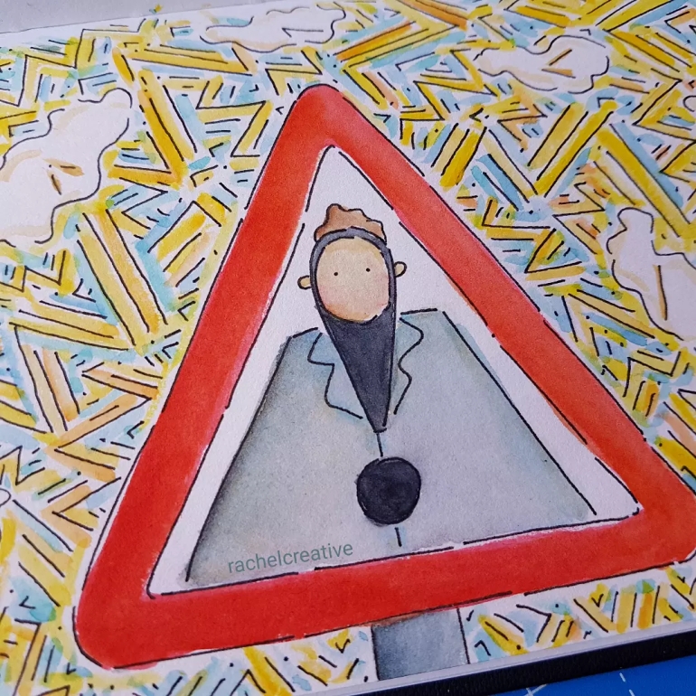 Art. A person integrated into a warning road sign. Their face is at the top of the exclamation mark which forms a hood that extends down their chest surrounded by a lappelled cloak. The dot is a big button in the cloak. Hair emerges from the top of the hood. Behind the triangular sign is lightning shaped texture using lines and dots.